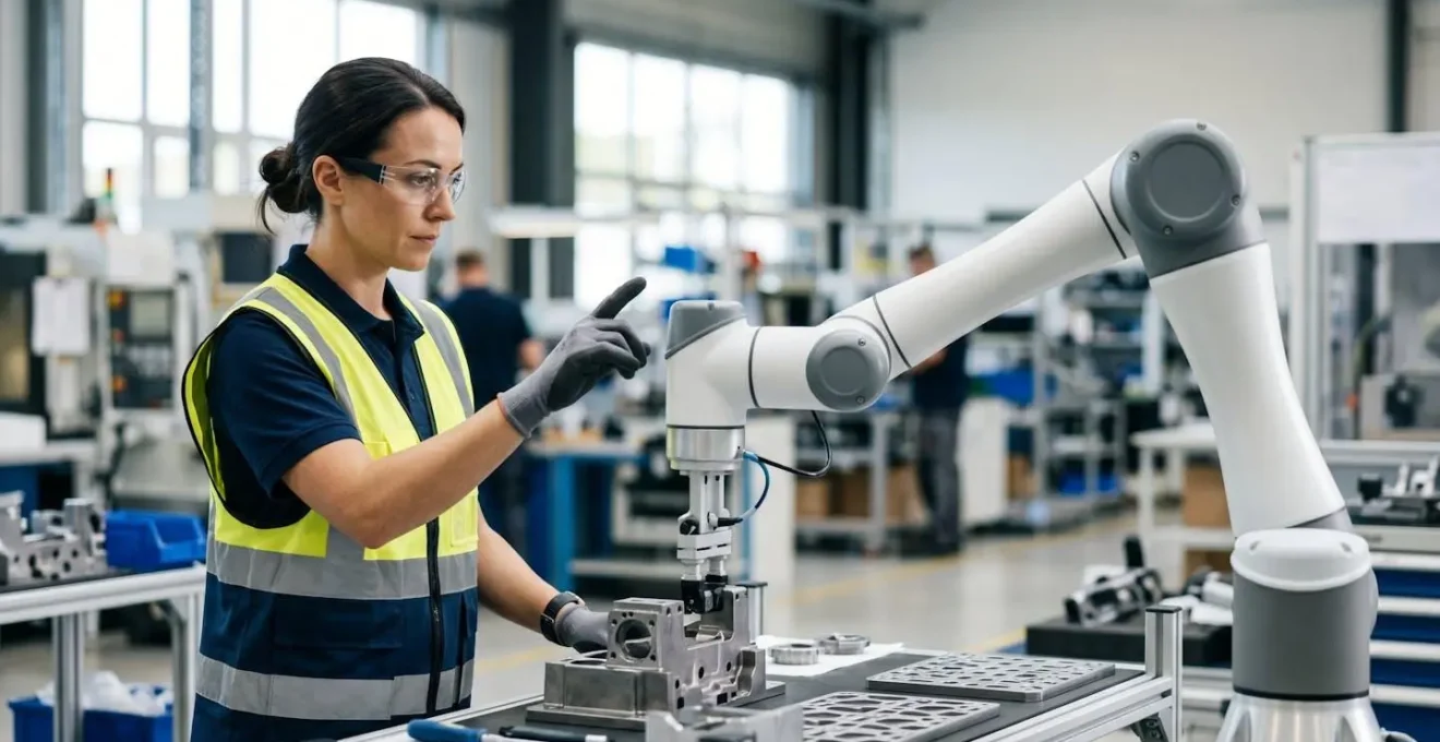 Opérateur en atelier industriel interagissant avec un robot collaboratif par gestes dans un environnement de production moderne