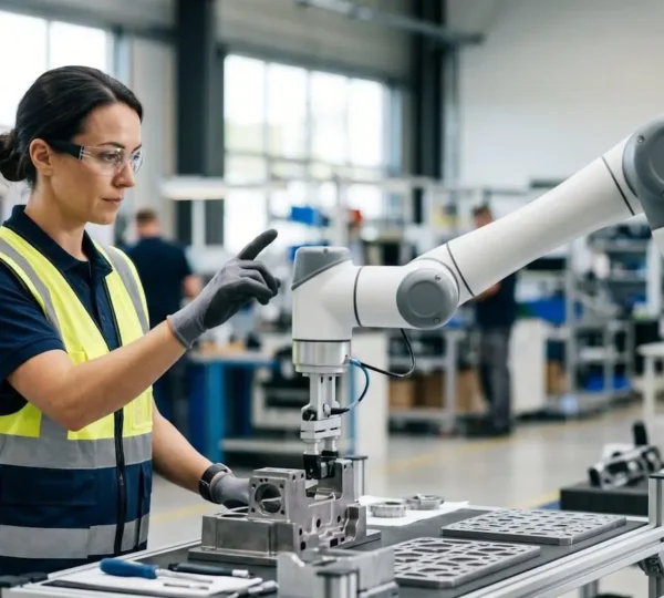 Opérateur en atelier industriel interagissant avec un robot collaboratif par gestes dans un environnement de production moderne