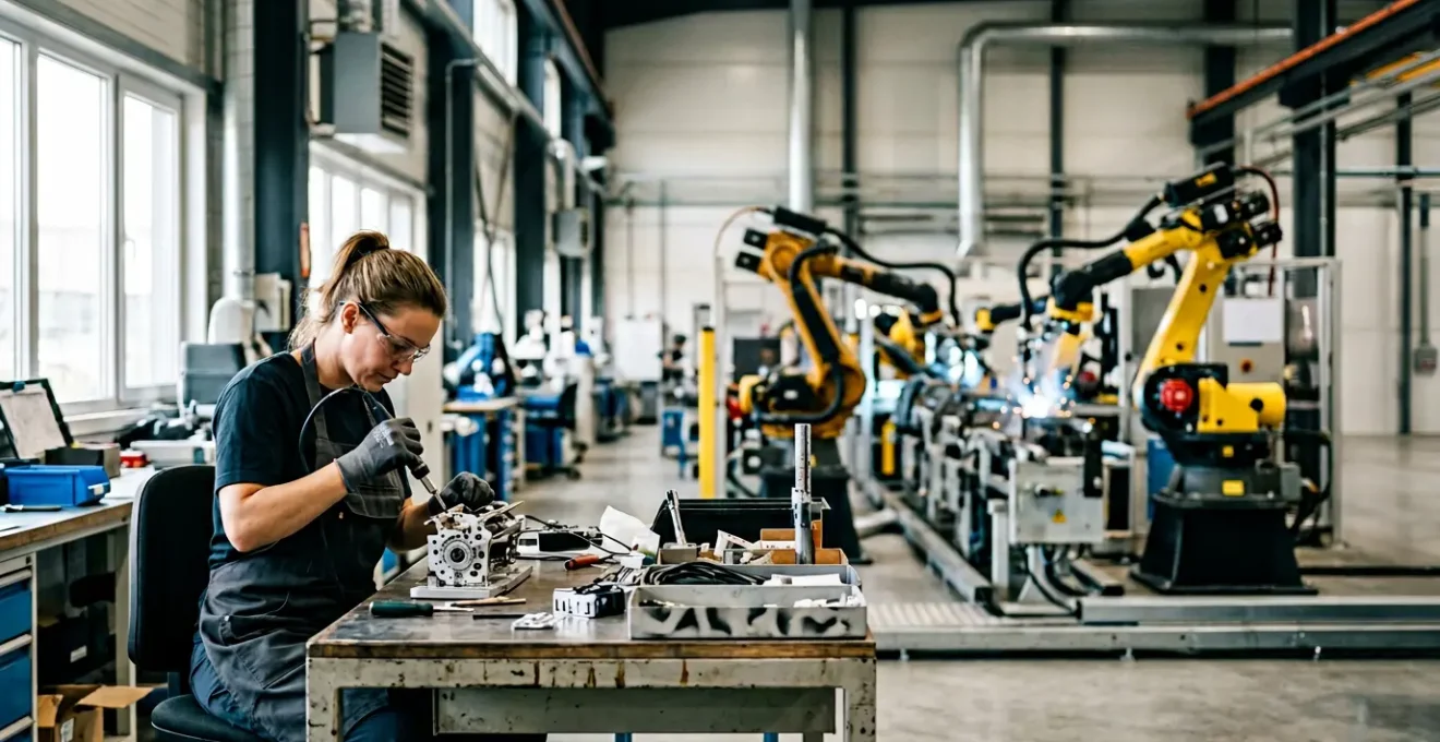Collaboration entre opérateur humain et équipements automatisés dans un atelier industriel moderne