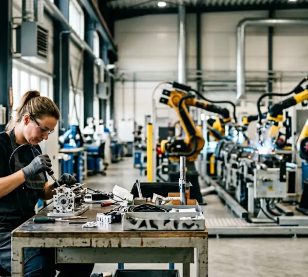 Collaboration entre opérateur humain et équipements automatisés dans un atelier industriel moderne