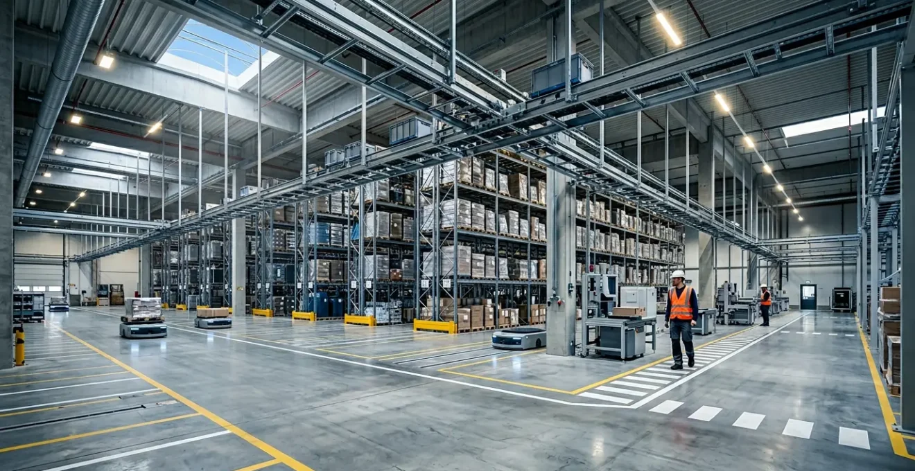 Vue d'ensemble d'un entrepôt moderne avec systèmes de convoyage et robots AGV en mouvement