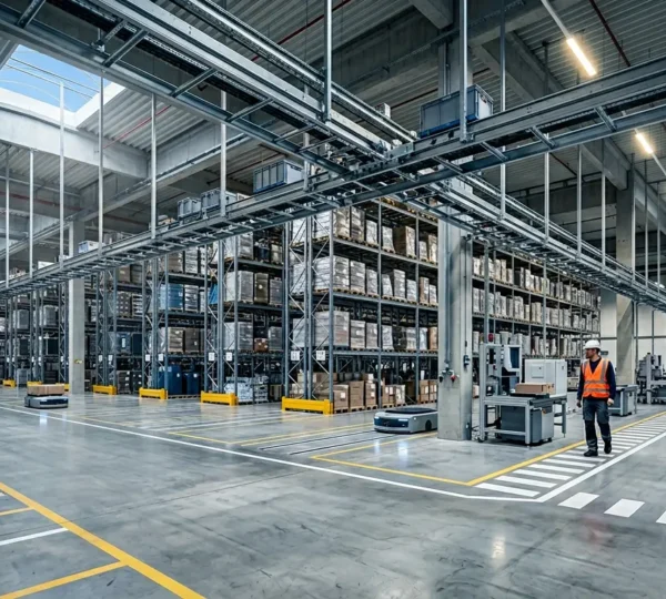 Vue d'ensemble d'un entrepôt moderne avec systèmes de convoyage et robots AGV en mouvement