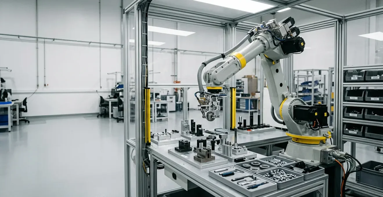Robot industriel 6 axes travaillant sur une cellule de production flexible avec changement rapide d'outils pour petites séries