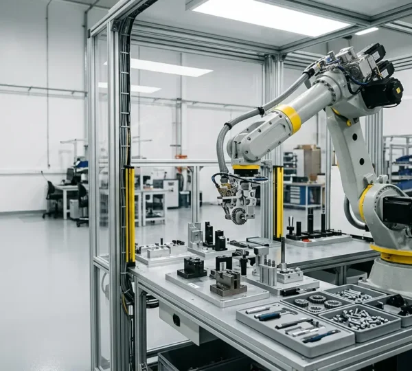 Robot industriel 6 axes travaillant sur une cellule de production flexible avec changement rapide d'outils pour petites séries