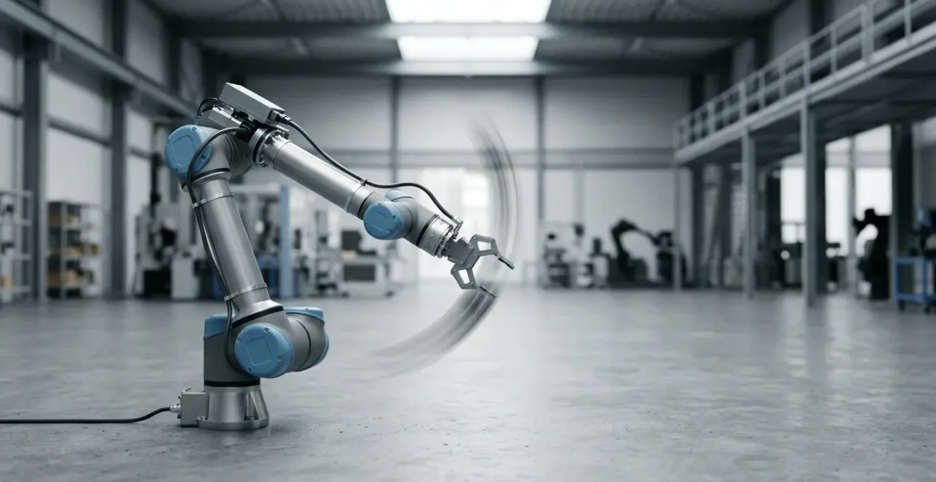 Bras robotique industriel 6 axes en mouvement fluide dans environnement de production moderne