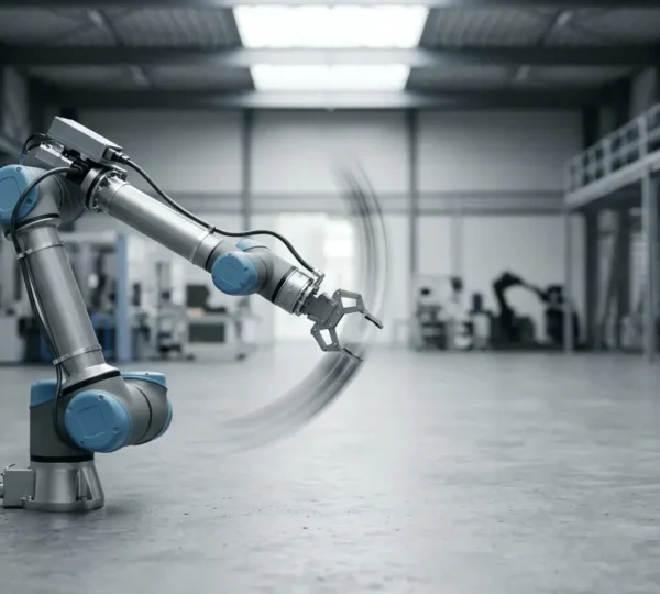 Bras robotique industriel 6 axes en mouvement fluide dans environnement de production moderne