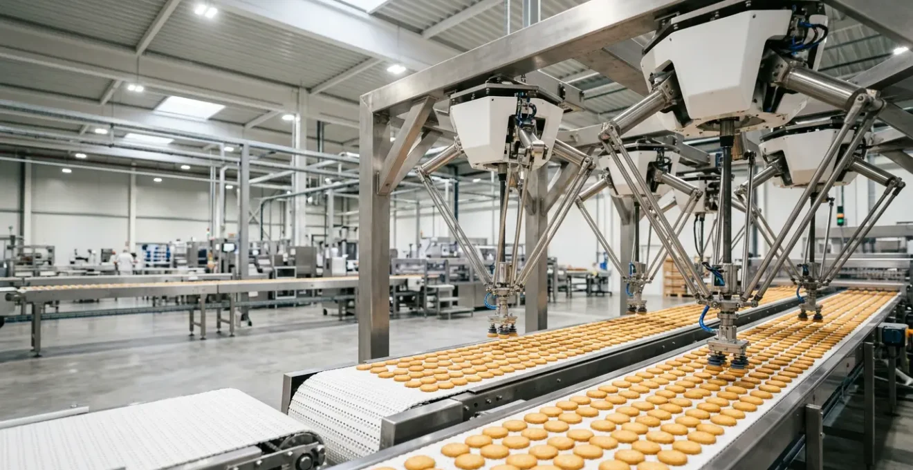 Ligne de production automatisée avec robots Delta manipulant des biscuits à haute vitesse sur convoyeur