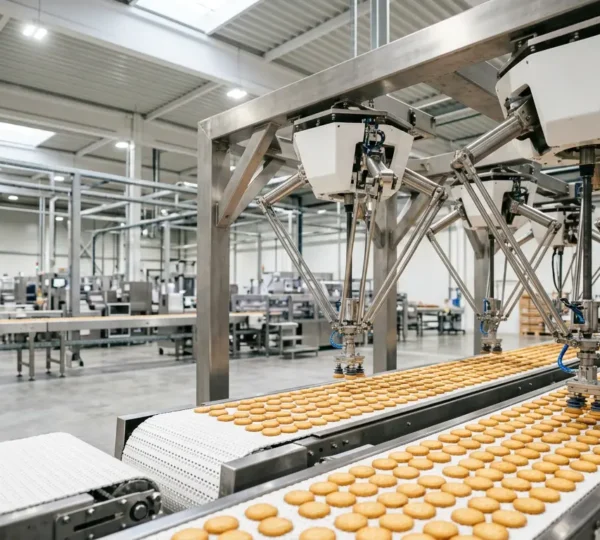 Ligne de production automatisée avec robots Delta manipulant des biscuits à haute vitesse sur convoyeur