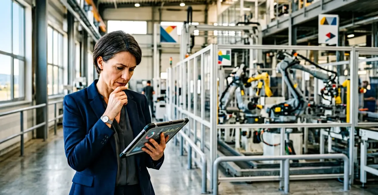 Dirigeant de PME industrielle analysant des données de production dans un atelier moderne avec équipements robotisés en arrière-plan