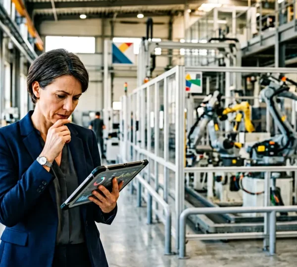 Dirigeant de PME industrielle analysant des données de production dans un atelier moderne avec équipements robotisés en arrière-plan
