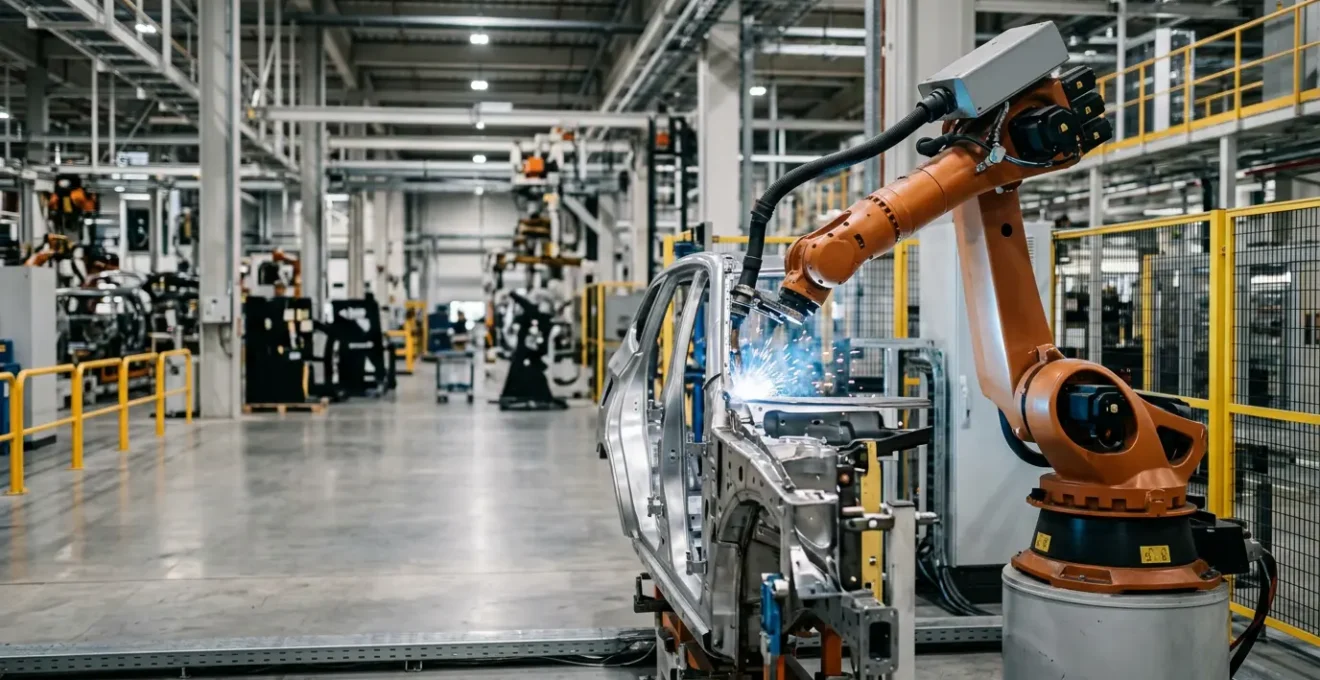 Bras robotique haute precision executant soudure par points sur structure metallique industrielle