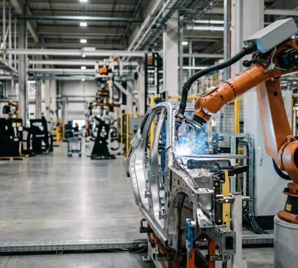 Bras robotique haute precision executant soudure par points sur structure metallique industrielle