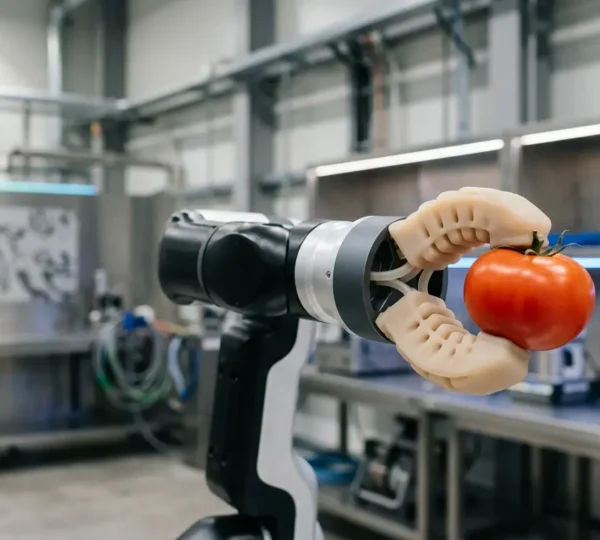 Préhenseur robotique en silicone manipulant délicatement un objet déformable dans un environnement industriel