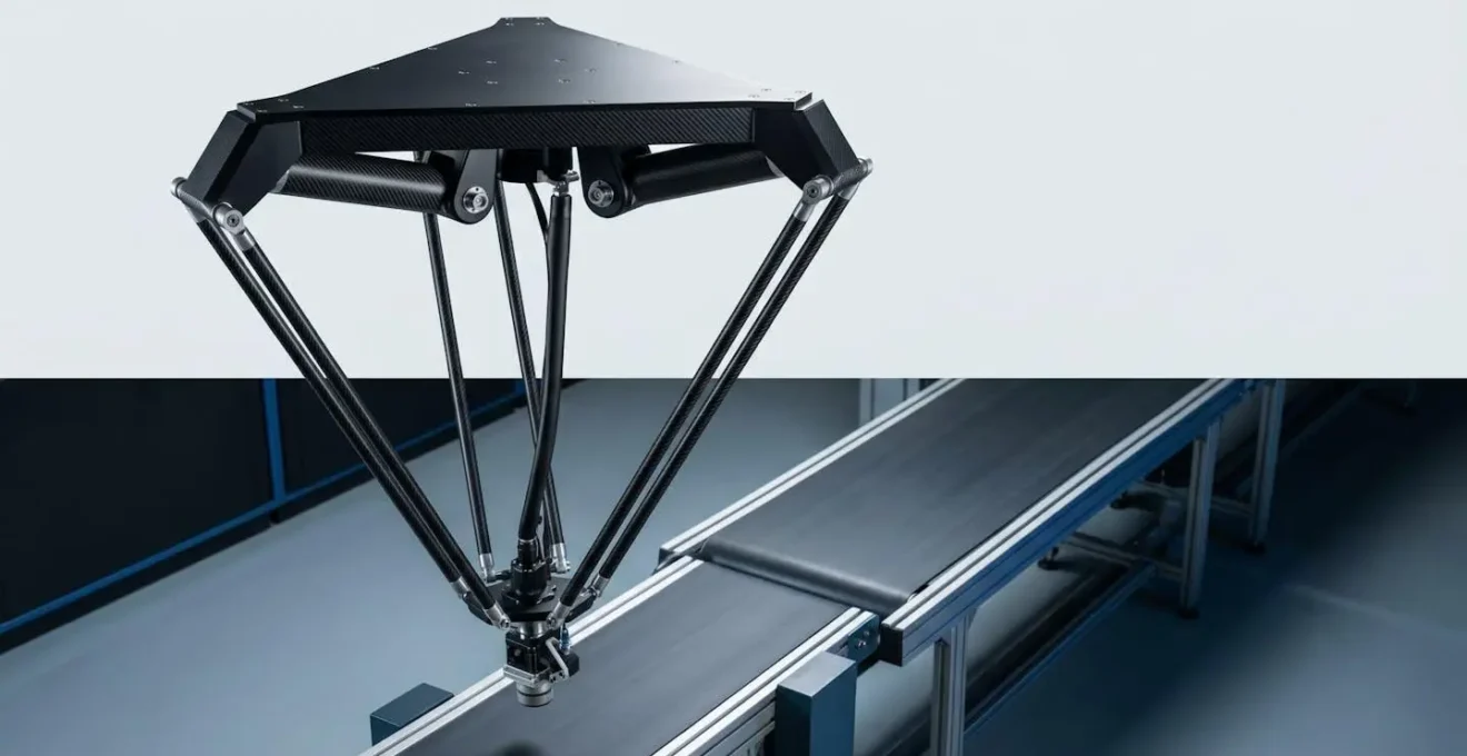 Robot Delta en action avec ses bras en fibre de carbone effectuant des opérations de tri rapide dans un environnement industriel