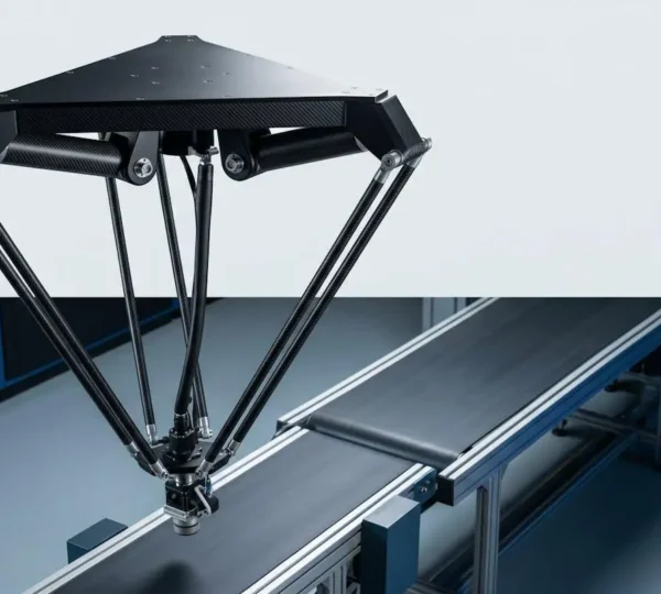 Robot Delta en action avec ses bras en fibre de carbone effectuant des opérations de tri rapide dans un environnement industriel