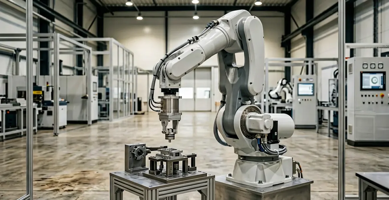 Bras robotique industriel équipé d'un capteur de force lors d'une opération d'assemblage de précision