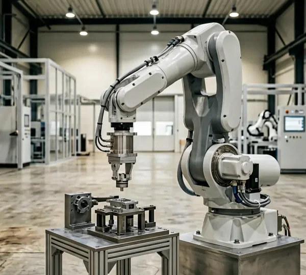 Bras robotique industriel équipé d'un capteur de force lors d'une opération d'assemblage de précision