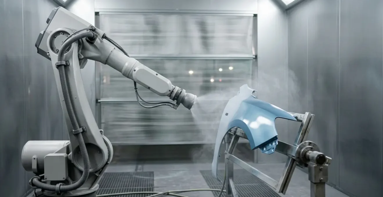Robot de peinture industriel appliquant un revêtement sur une pièce métallique dans un environnement de production automatisé