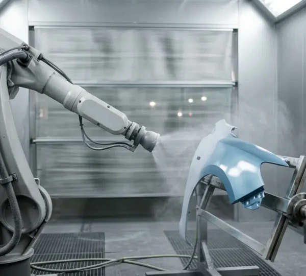 Robot de peinture industriel appliquant un revêtement sur une pièce métallique dans un environnement de production automatisé
