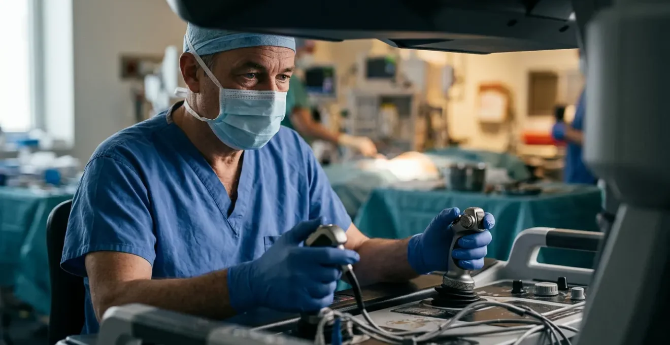Chirurgien manipulant une console de chirurgie robotique moderne dans un environnement médical de pointe