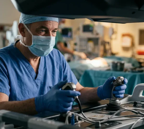 Chirurgien manipulant une console de chirurgie robotique moderne dans un environnement médical de pointe