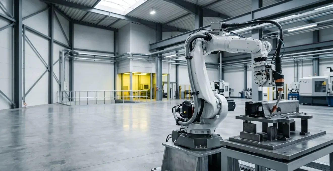 Système de changement rapide d'outil monté sur bras robotique industriel dans environnement de production moderne