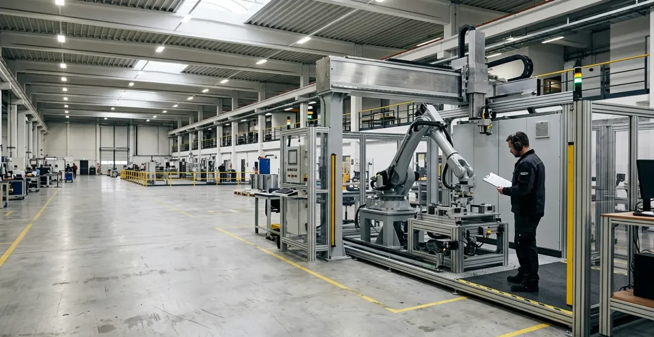 Technicien inspectant une machine robotique industrielle lors d'un test d'acceptation en usine FAT