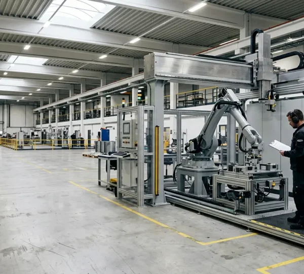 Technicien inspectant une machine robotique industrielle lors d'un test d'acceptation en usine FAT