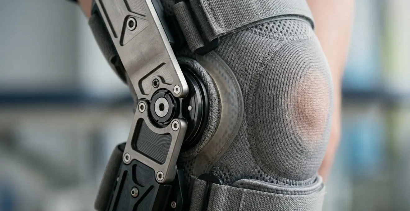 Gros plan sur l'alignement précis entre l'articulation robotique d'un exosquelette et l'articulation du genou humain
