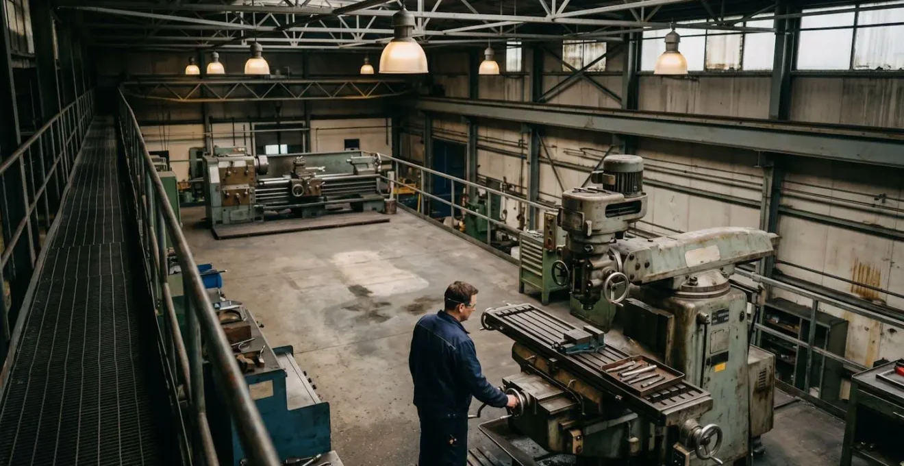 Vue d'ensemble d'un atelier industriel avec des machines anciennes lors d'un audit de conformité