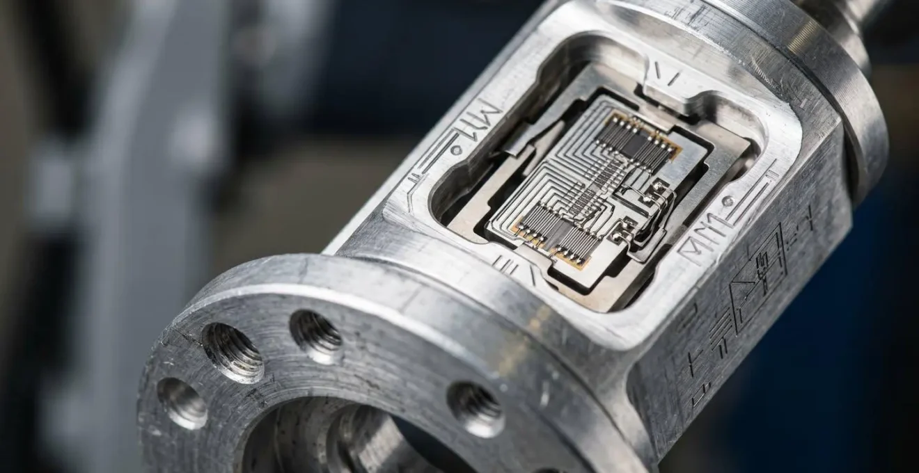 Gros plan détaillé d'un capteur de force et couple à six axes monté sur un robot industriel
