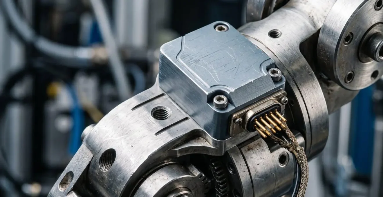 Gros plan sur des capteurs de vibration et température installés sur un moteur de robot industriel