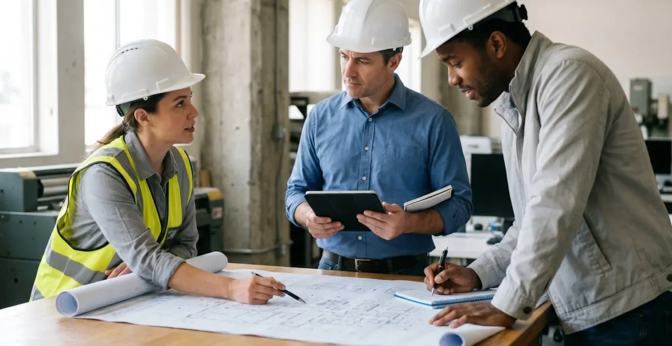 Scène de travail collaboratif illustrant l'interaction entre différentes expertises techniques dans un environnement industriel moderne