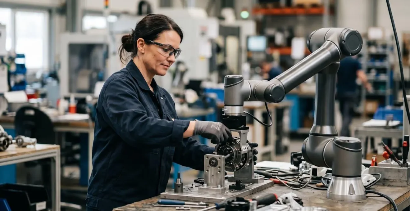 Opérateur industriel et bras robotique collaboratif travaillant côte à côte sur une tâche d'assemblage précise