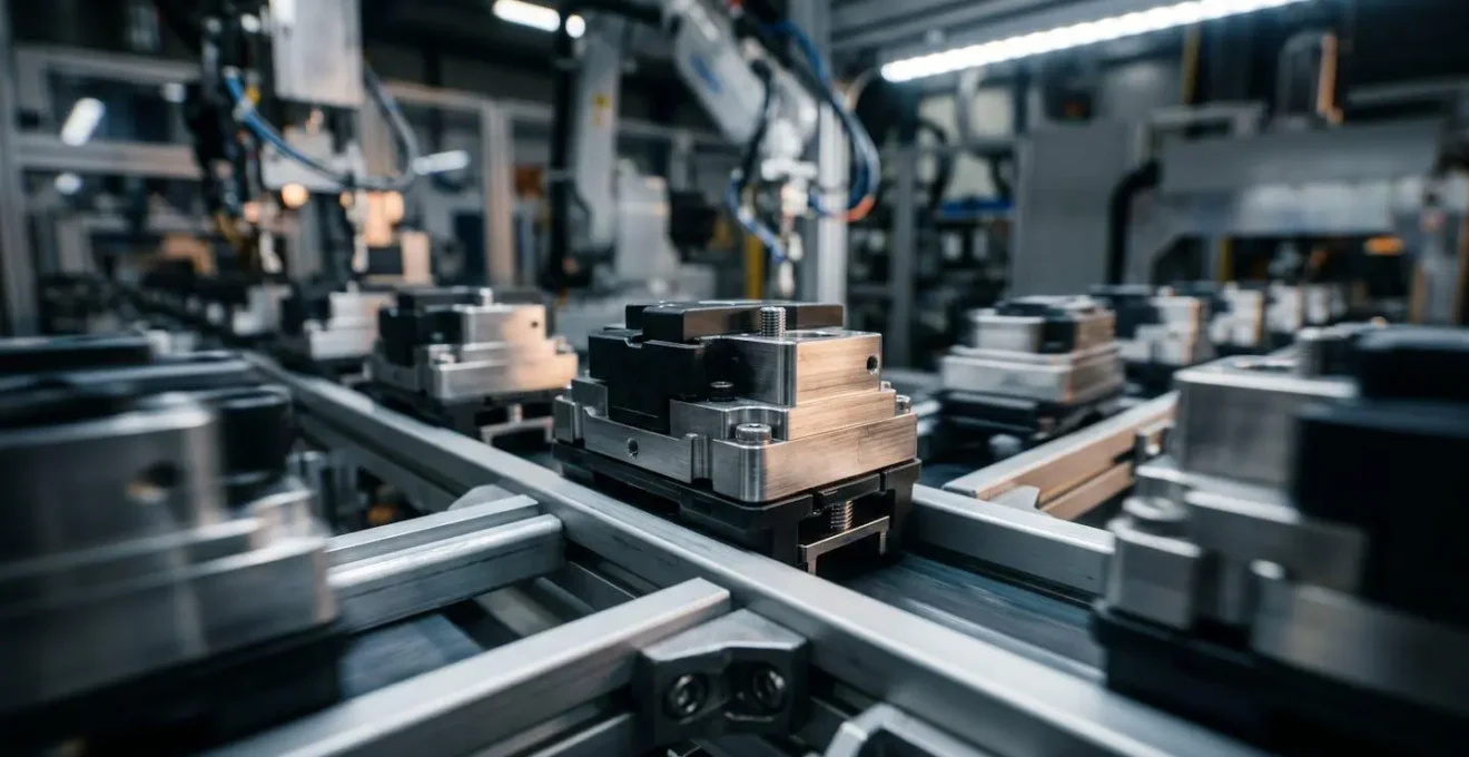 Gros plan sur une ligne de production automatisée montrant le contraste entre cadence théorique et cadence réelle