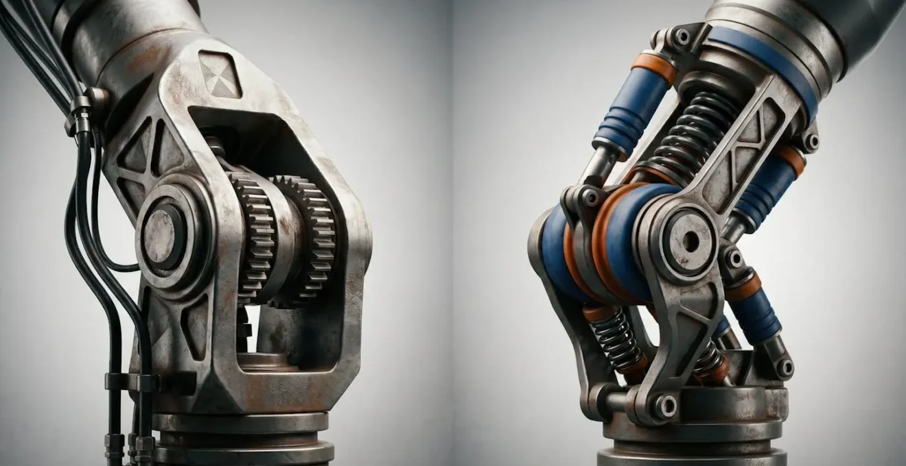 Mécanisme de compliance robotique illustrant l'absorption progressive des forces lors d'un contact