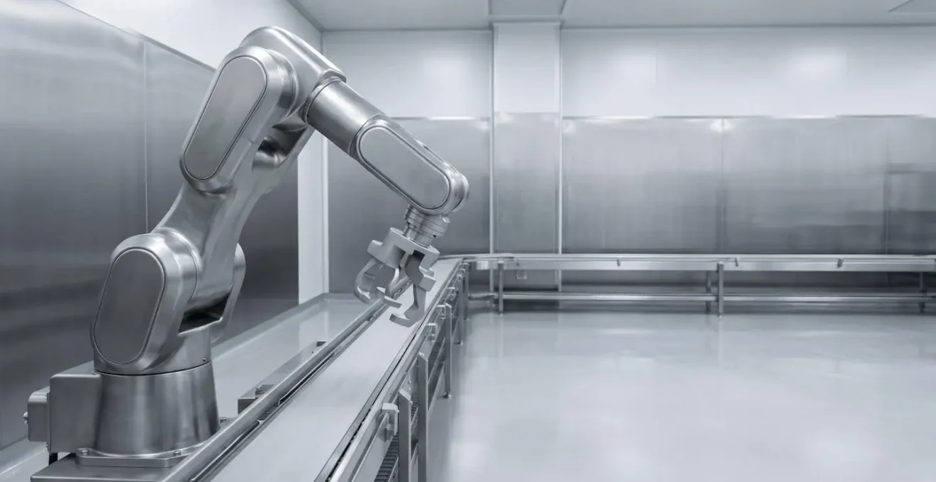 Détails de conception hygiénique d'un robot industriel avec surfaces arrondies et finitions lisses pour secteur agroalimentaire