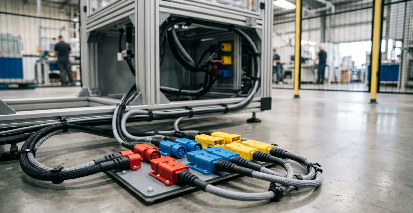 Vue d'ensemble d'une cellule robotisée avec système de connecteurs modulaires et codage couleur pour maintenance rapide
