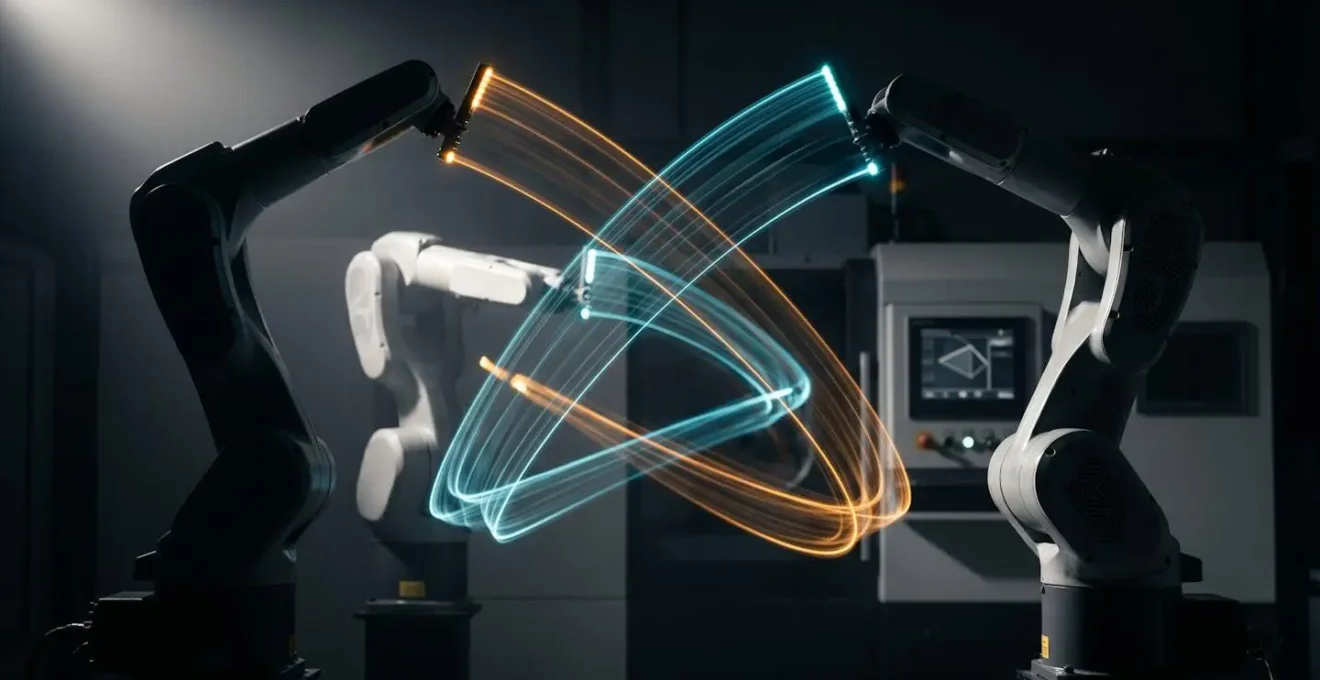 Visualisation conceptuelle de la coordination spatiale entre plusieurs robots industriels partageant un espace de travail