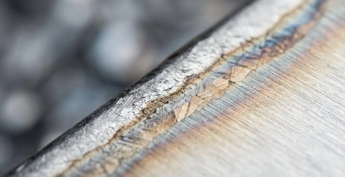 Gros plan macro sur la structure métallique d'une tôle montrant les effets de contraintes thermiques
