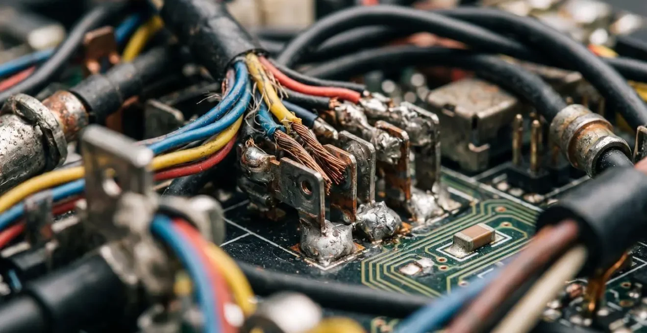 Vue macro détaillée de composants électroniques et capteurs industriels montrant la complexité des données sources