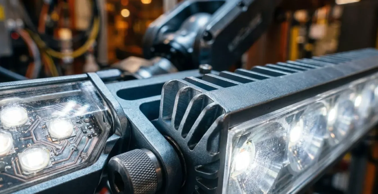 Détail rapproché d'un système d'éclairage LED pour maintenance de cellule robotique industrielle