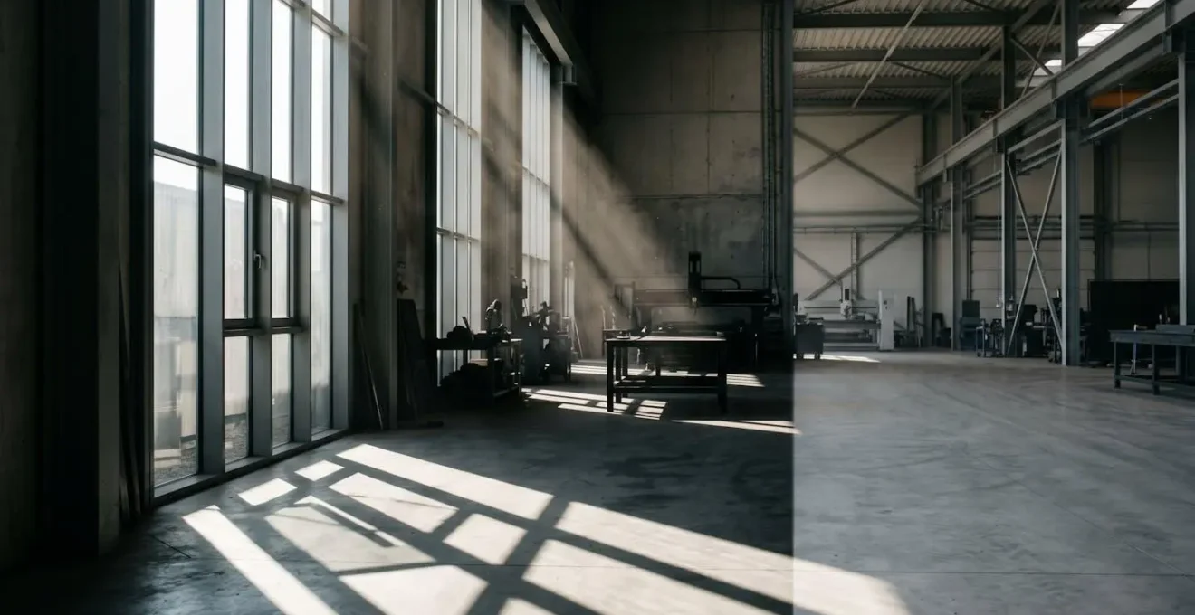 Atelier industriel moderne avec grandes fenêtres créant des contrastes de lumière naturelle et ombres sur l'espace de production