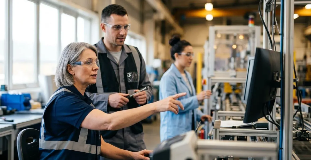 Équipe pluridisciplinaire analysant les données de production en temps réel pour identifier les micro-optimisations de cycle
