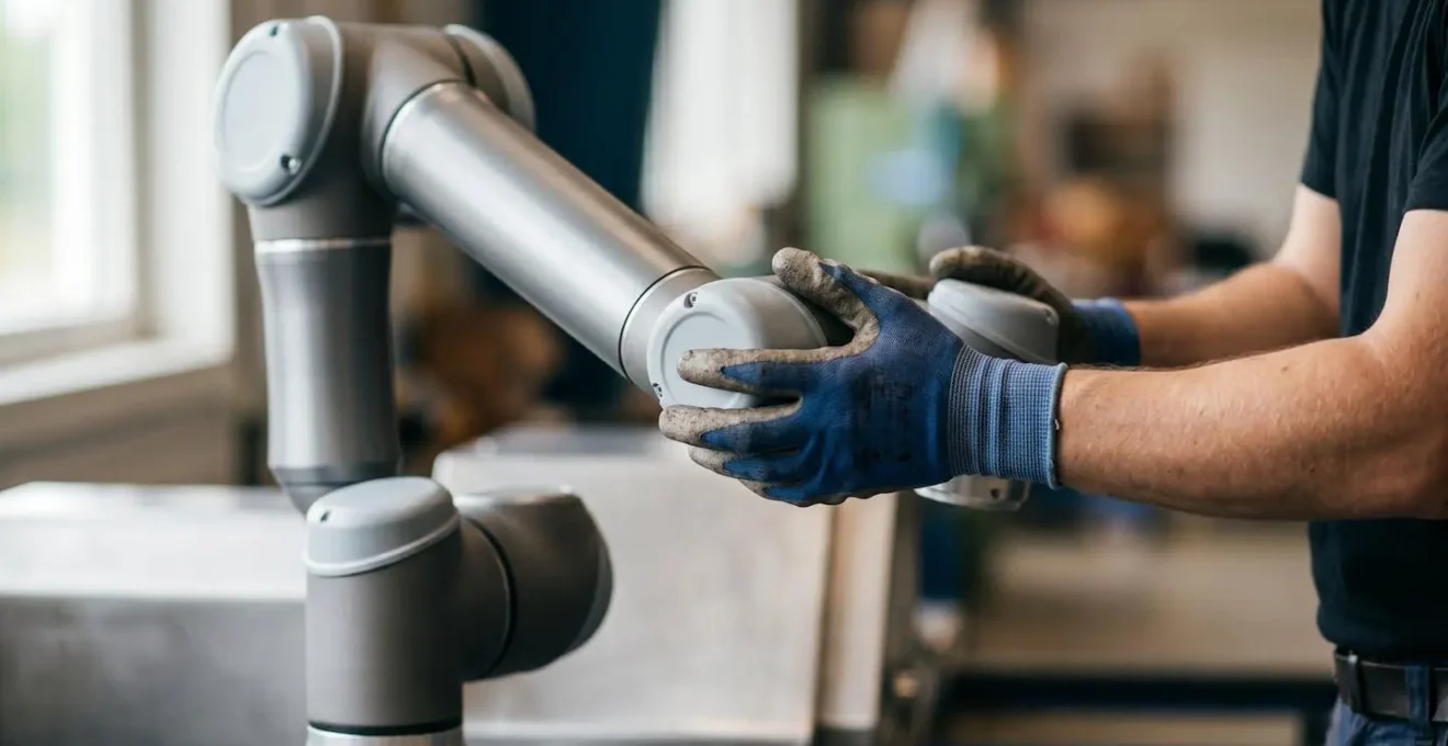 Opérateur formé comme référent cobot dans un environnement de production collaboratif