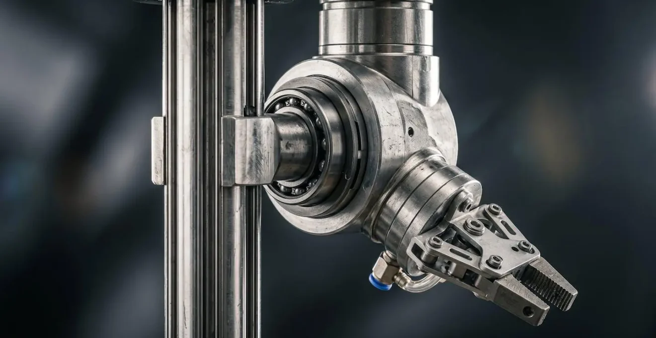 Vue macro détaillée de l'axe de rotation vertical d'un robot SCARA avec préhenseur, mettant en évidence les contraintes mécaniques et le porte-à-faux