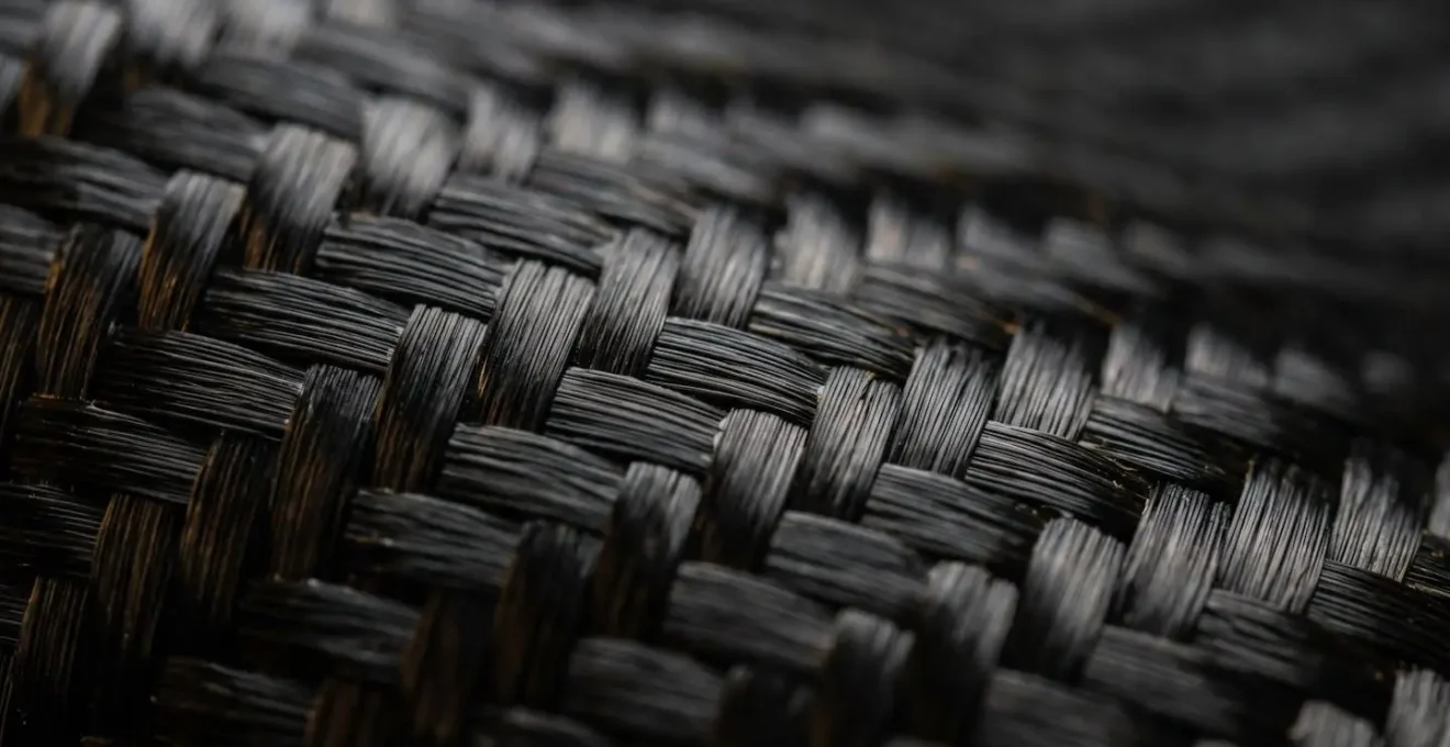 Vue macro détaillée de la texture d'un bras en fibre de carbone montrant la structure tissée du matériau composite