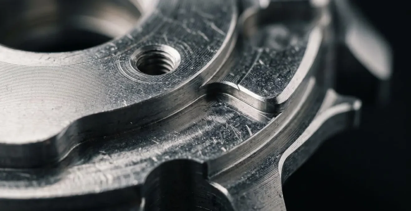 Vue macro extrême d'une surface métallique industrielle révélant des détails micrométriques et textures