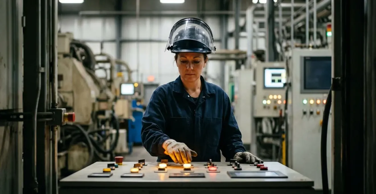 Opérateur industriel analysant un tableau de contrôle avec indicateurs de statut machine