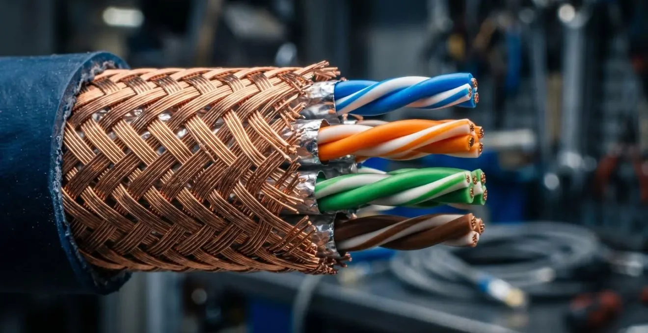 Câble réseau blindé avec interférences électromagnétiques en milieu industriel